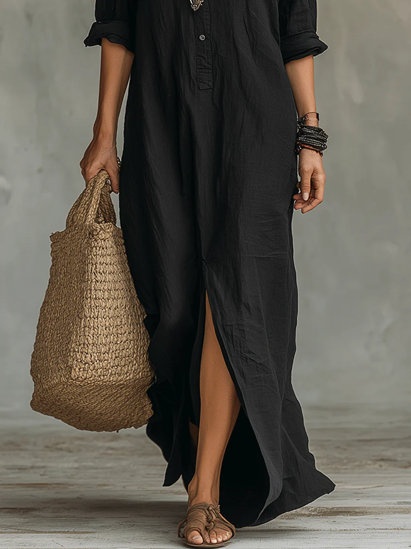 Alexia | Robe longue noire douce à boutons