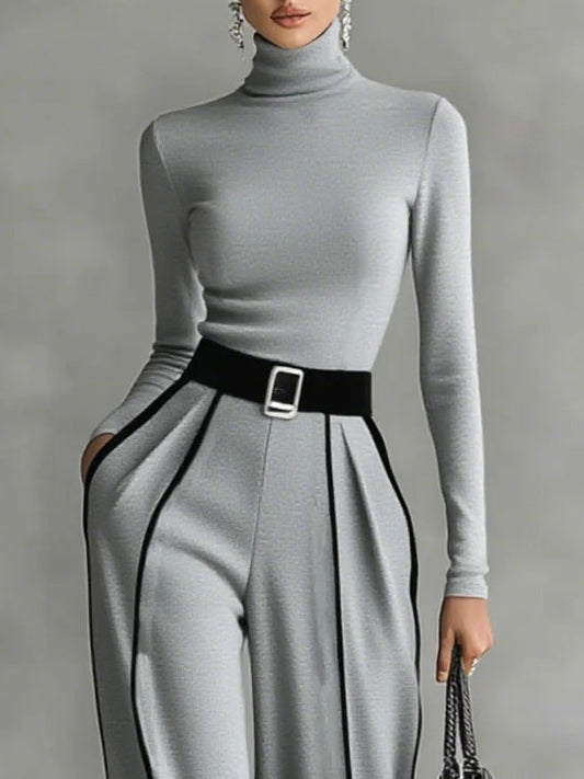 Amantine | Ensemble Haut Col Montant Liseré Noir et Pantalon Large