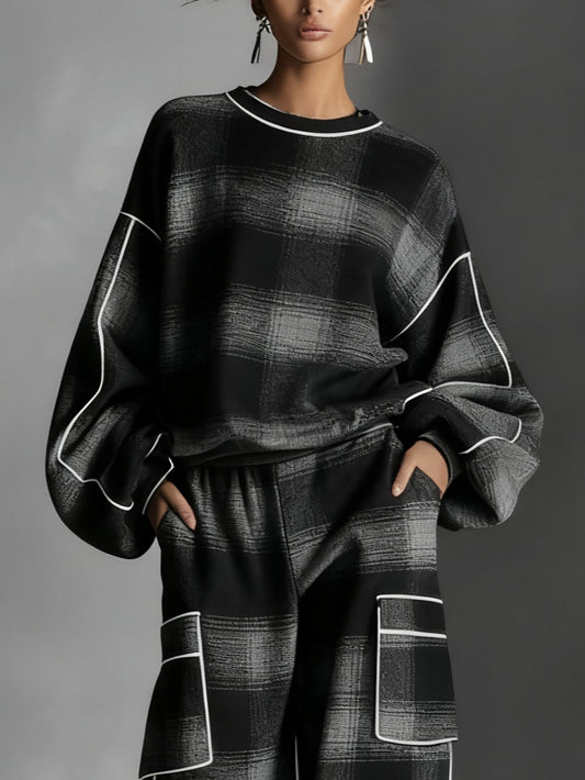 Perrette | Ensemble Sweat Bicolore à Carreaux Noir et Gris