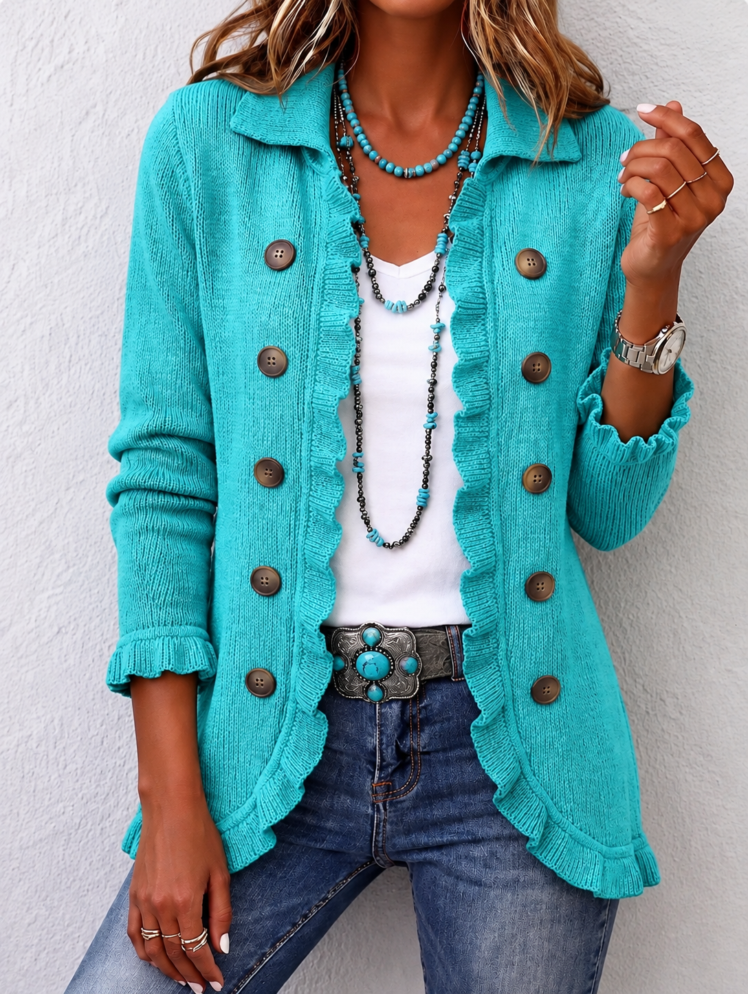 Nathalie | Veste en Maille Turquoise à Volants