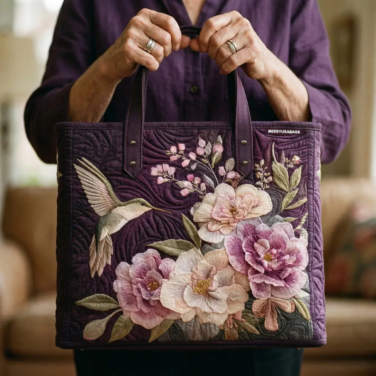 Sac Tote Matelassé – Colibri et Orchidées