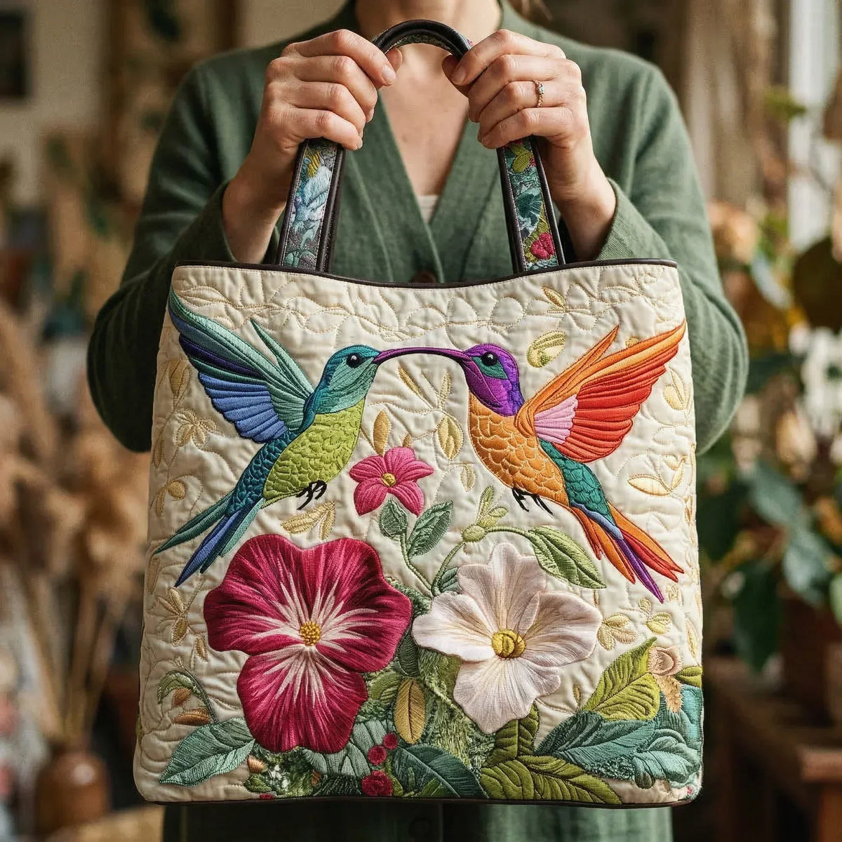 Sac Tote Matelassé – Colibri et Fleurs Blanches