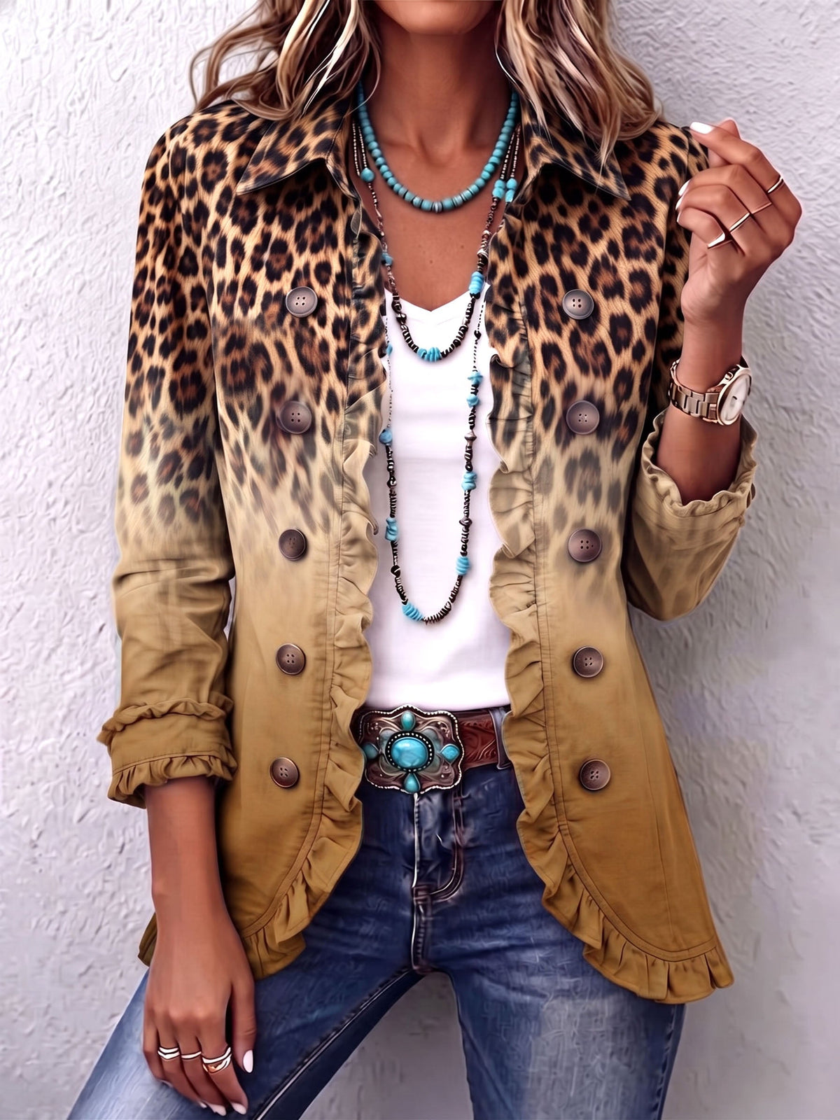 Édith | Veste Blazer Léopard Ocre à Volants