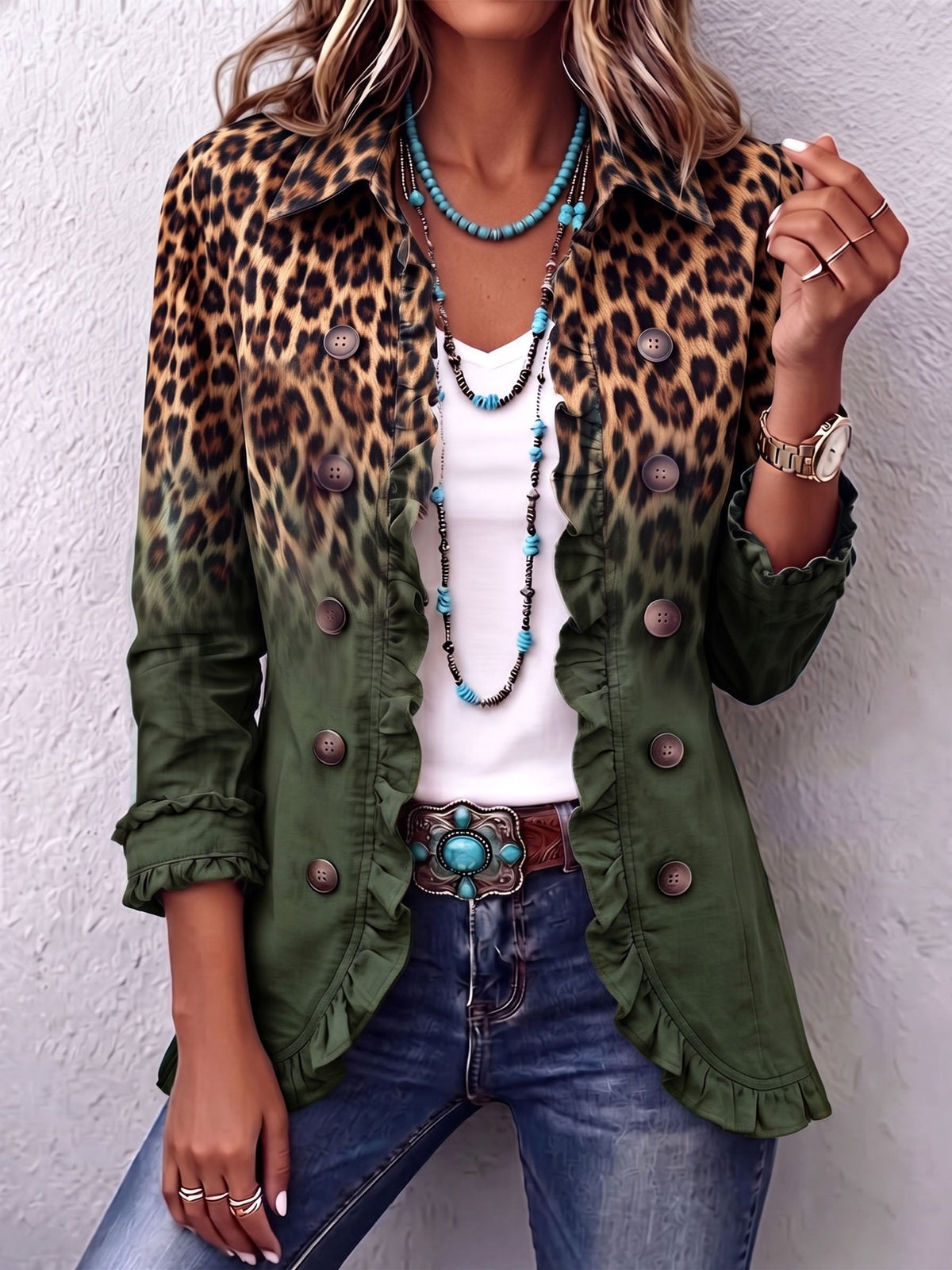 Germaine | Veste Blazer Léopard Vert à Volants