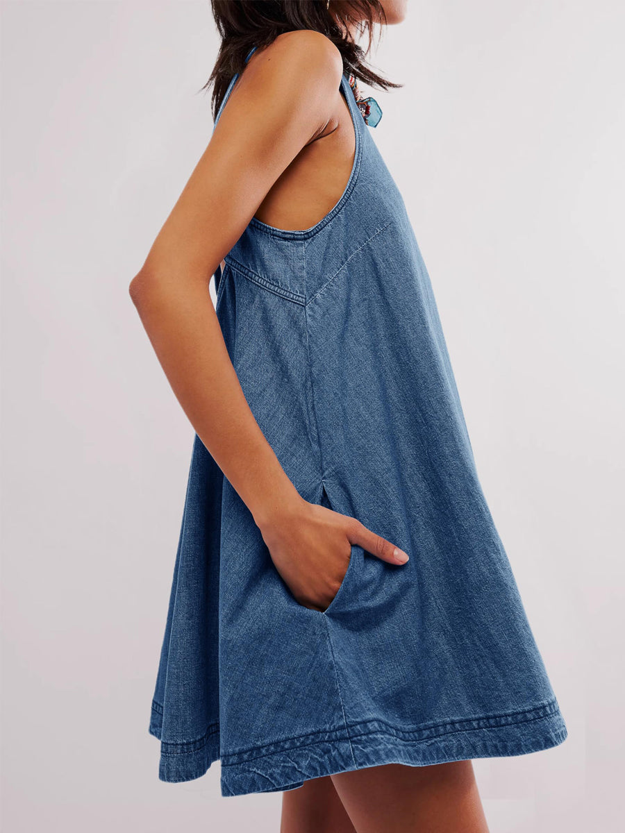 Robe Mini Ariane en Jean Sans Manches et Dos Nu