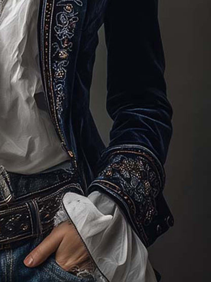 Athalie | Veste Longue Brodée Bleu Marine Vintage