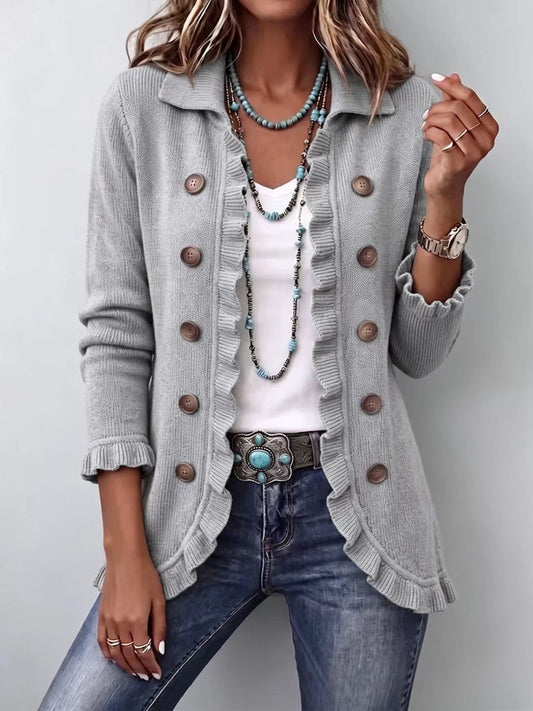 Monique | Veste en Maille Gris Chiné à Volants