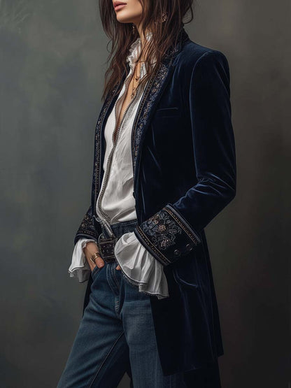 Athalie | Veste Longue Brodée Bleu Marine Vintage