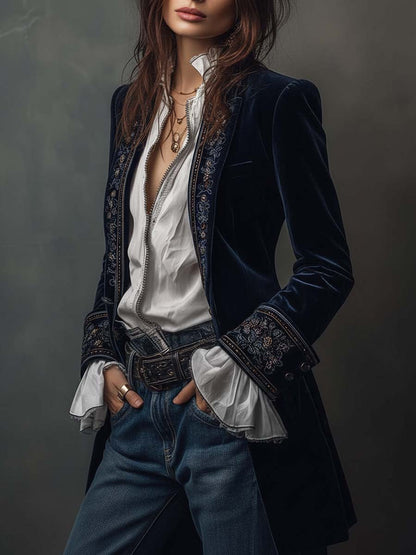 Athalie | Veste Longue Brodée Bleu Marine Vintage