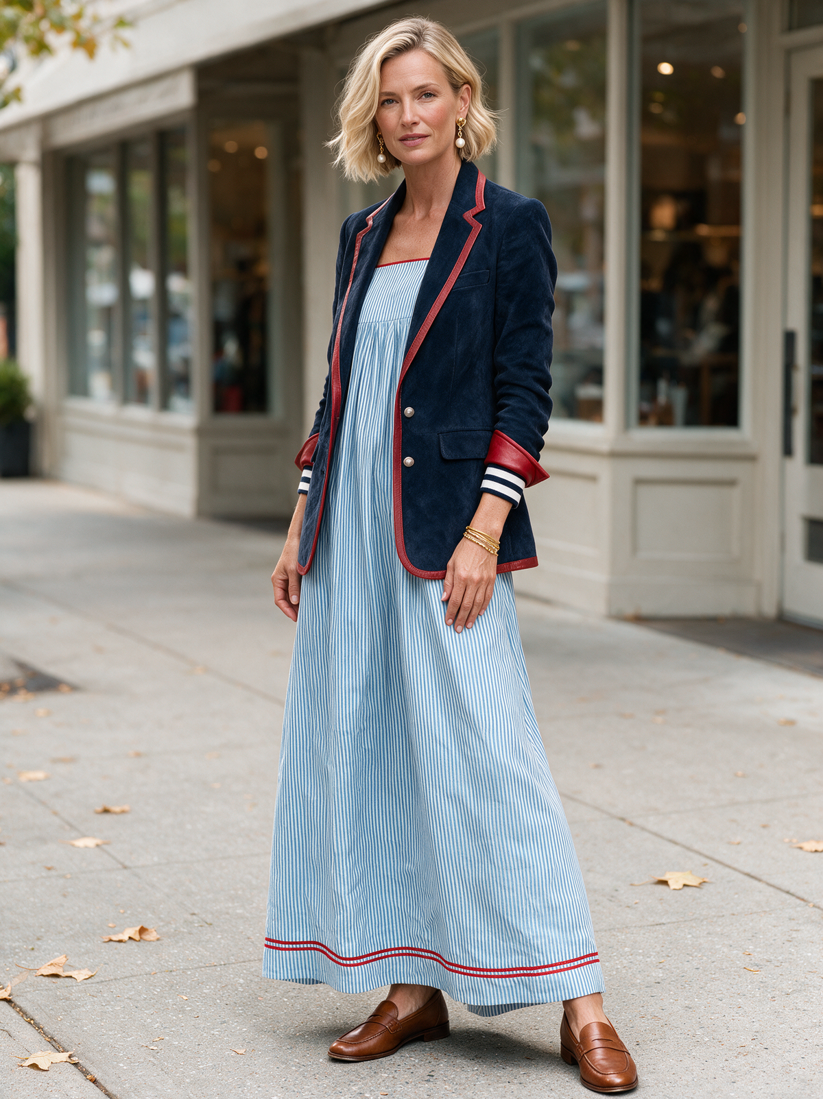 Blazer d'Inspiration Vintage en Suédine à Bordures en Similicuir Rouge – Bleu