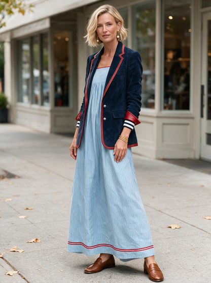 Blazer d'Inspiration Vintage en Suédine à Bordures en Similicuir Rouge – Bleu