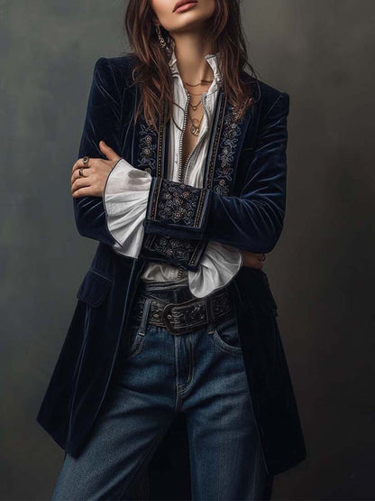 Athalie | Veste Longue Brodée Bleu Marine Vintage