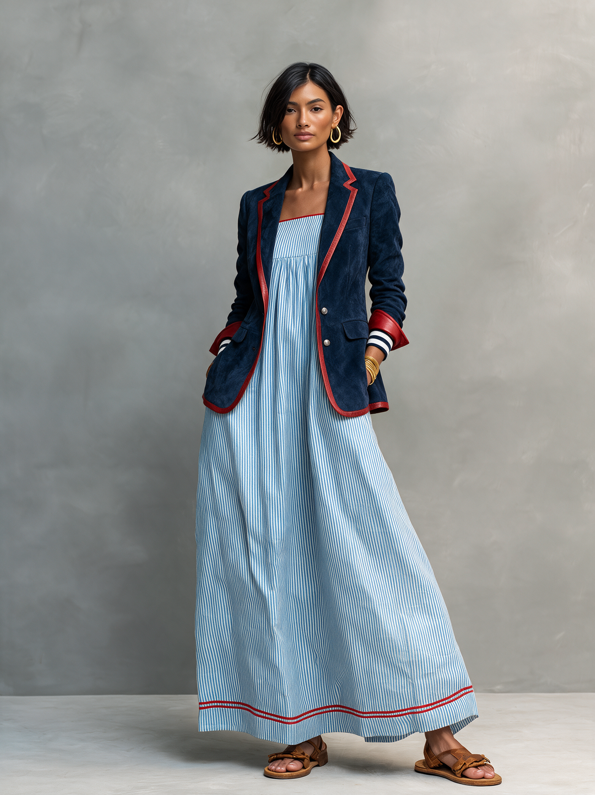 Blazer d'Inspiration Vintage en Suédine à Bordures en Similicuir Rouge – Marron