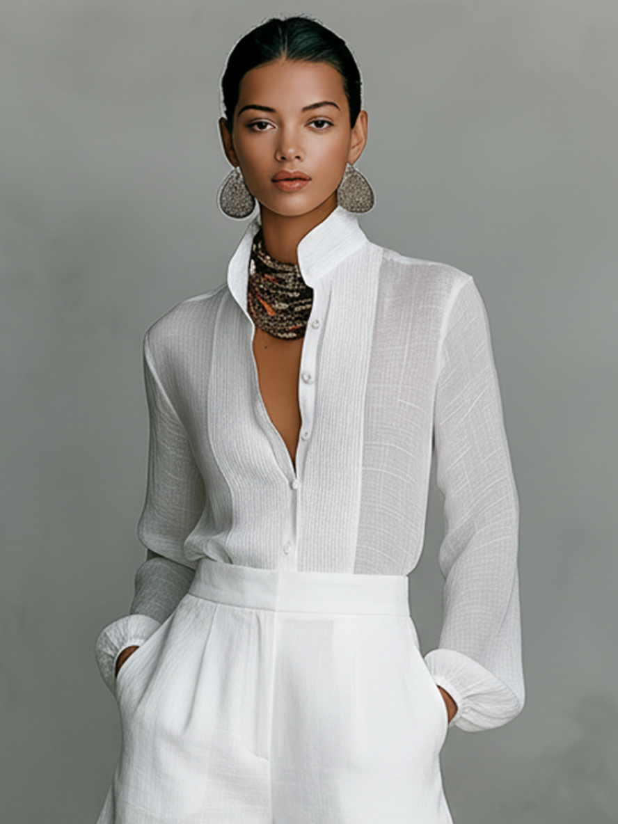 Alessandra | Ensemble Minimaliste Chemise Col Officier & Short Blanc