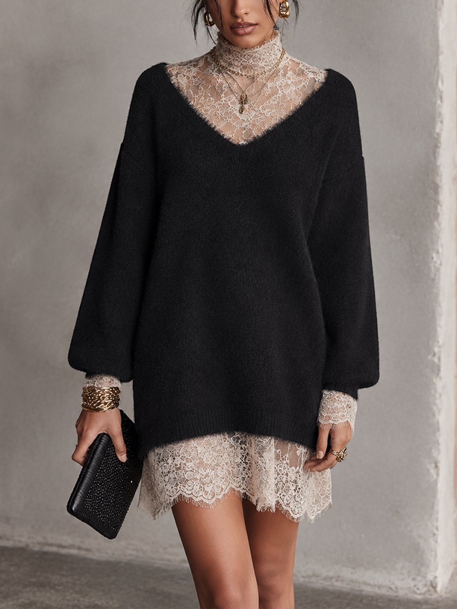 Robe Courte Élégante en Maille à Bordures de Dentelle – Noir
