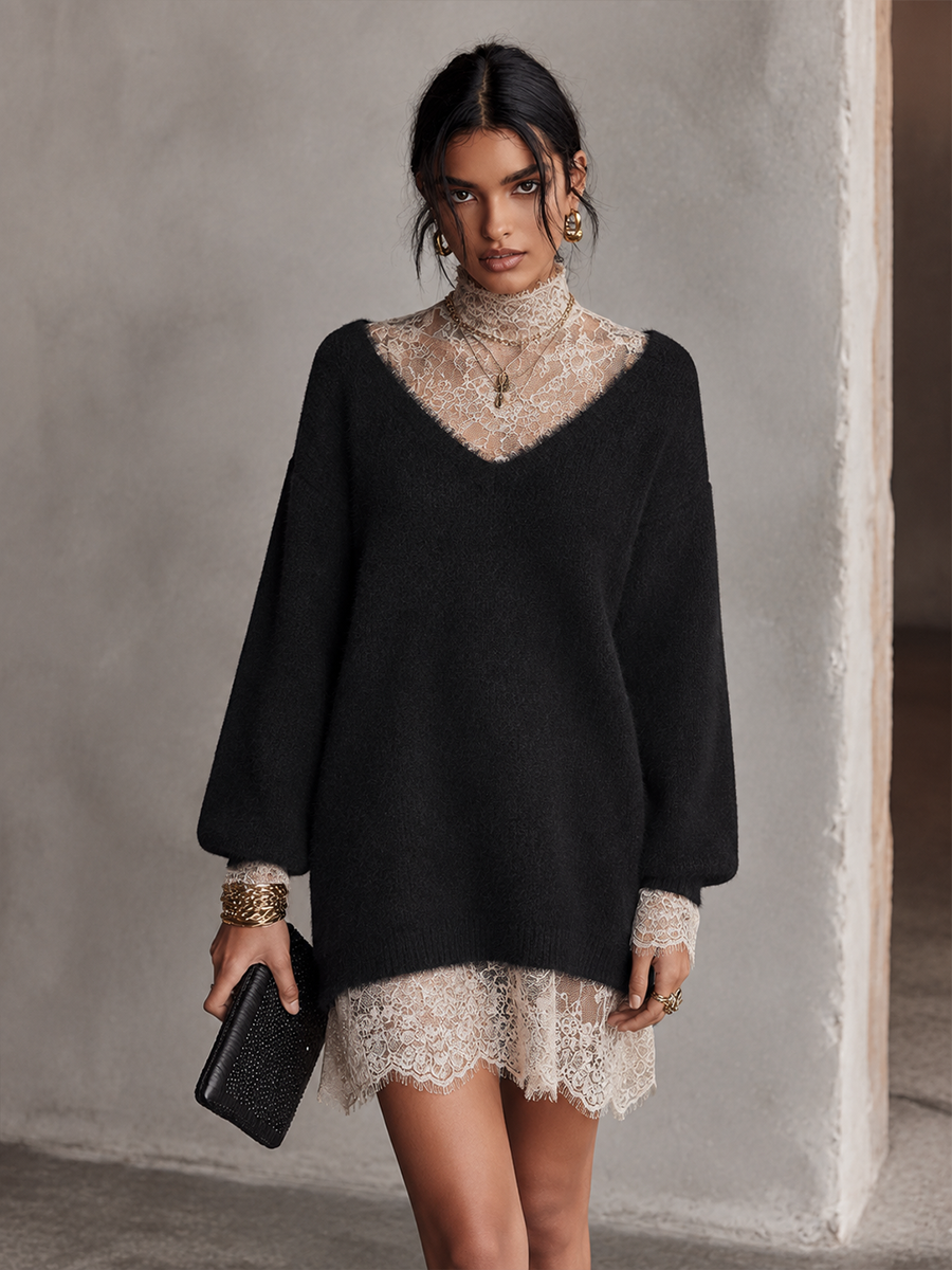 Robe Courte Élégante en Maille à Bordures de Dentelle – Noir