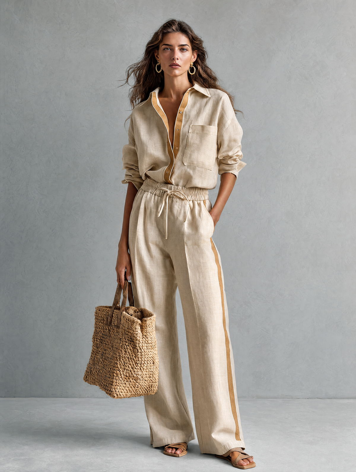 Ensemble Décontracté Chemise et Pantalon en Coton et Lin Kaki – Kaki