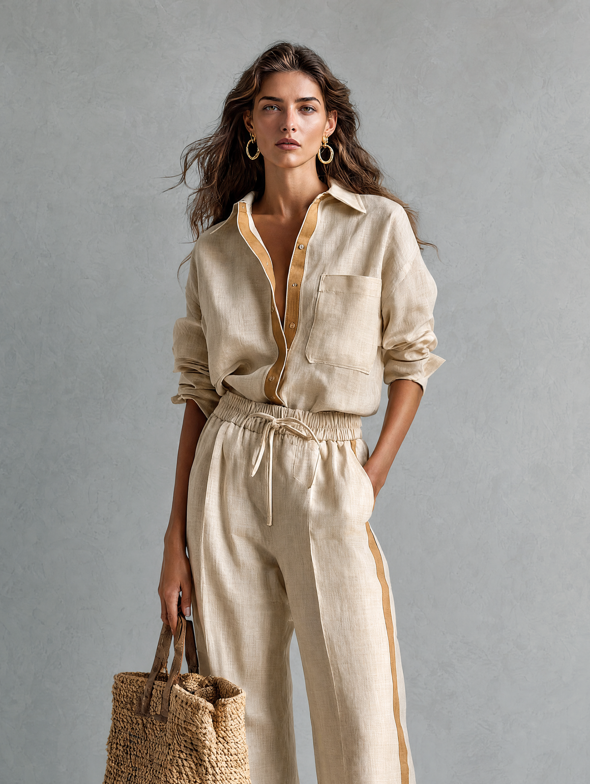 Ensemble Décontracté Chemise et Pantalon en Coton et Lin Kaki – Kaki
