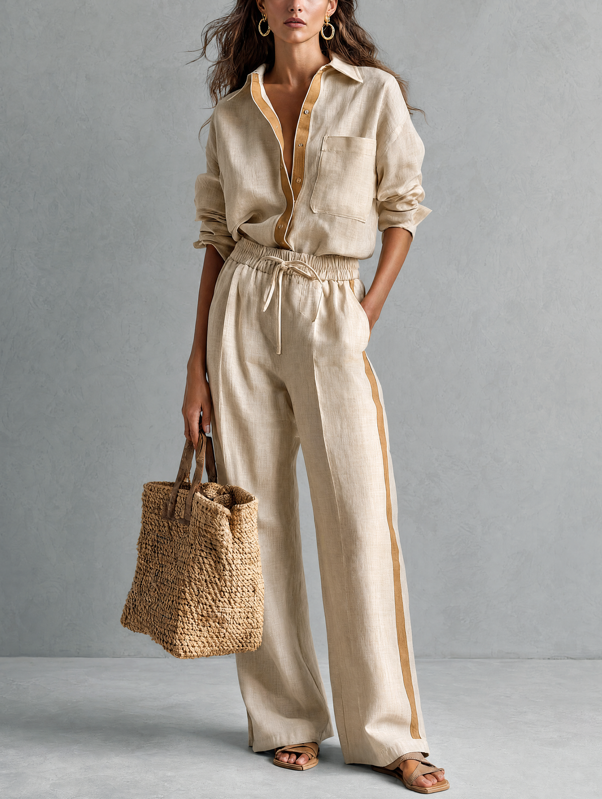 Ensemble Décontracté Chemise et Pantalon en Coton et Lin Kaki – Kaki