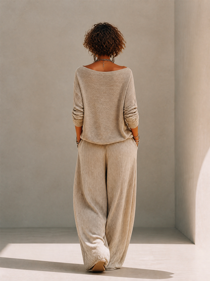 Ensemble Décontracté en Maille de Laine : Pull à Col Bateau et Épaules Tombantes, Pantalon Large à Cordon – Kaki