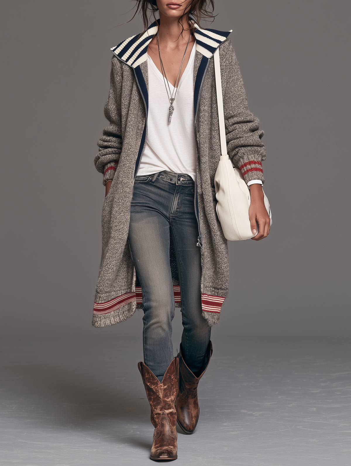 Cardigan Zippé Mi-Long Vintage à Rayures et Blocs de Couleurs – Gris