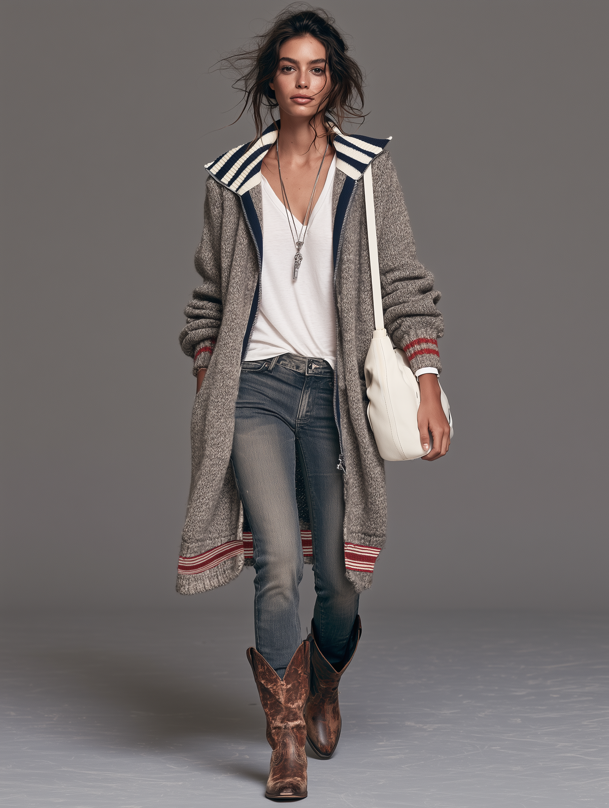 Cardigan Zippé Mi-Long Vintage à Rayures et Blocs de Couleurs – Caramel