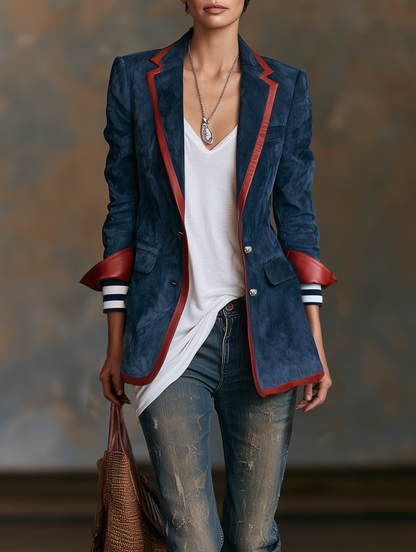 Blazer d'Inspiration Vintage en Suédine à Bordures en Similicuir Rouge – Bleu