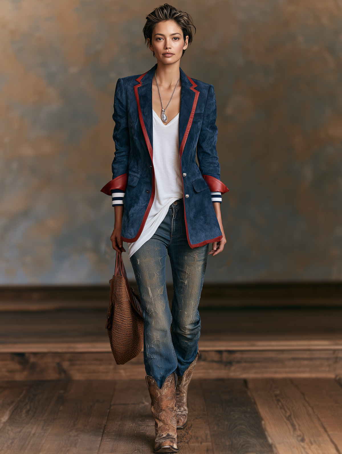 Blazer d'Inspiration Vintage en Suédine à Bordures en Similicuir Rouge – Vert Armée