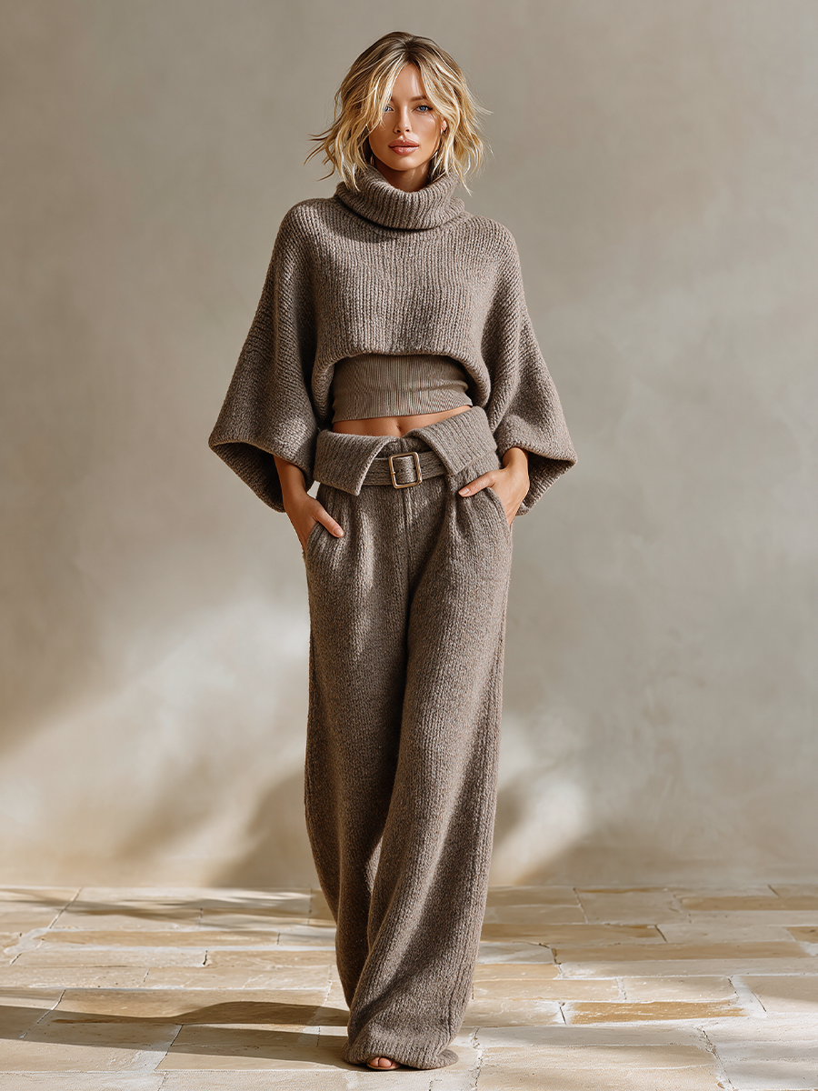 Ensemble Deux Pièces Décontracté en Maille – Taupe