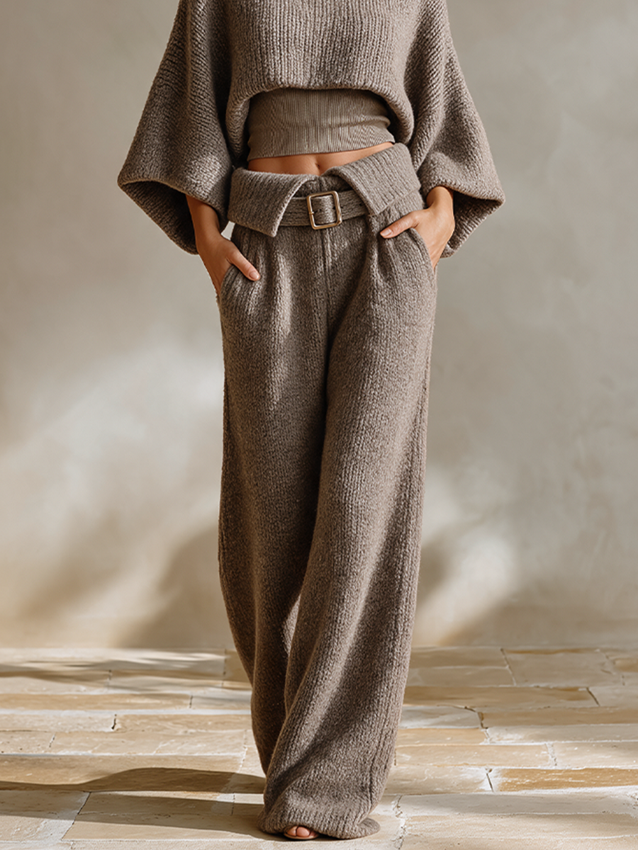 Ensemble Deux Pièces Décontracté en Maille – Taupe