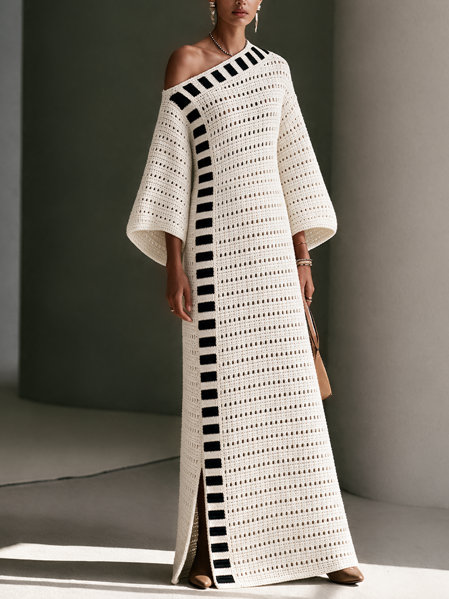 Robe Longue Bohème Ajourée Rayée en Maille à Épaules Dénudées – Ivoire