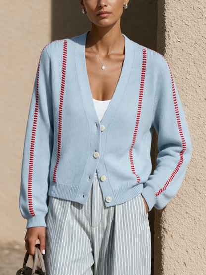 Cardigan Décontracté à Col V et Surjets Contrastés – Bleu