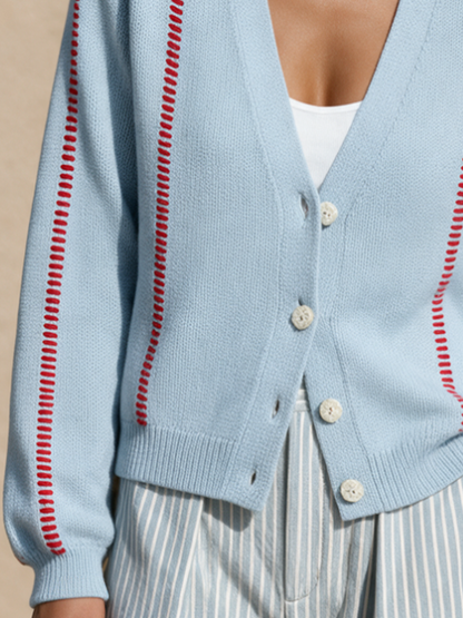 Cardigan Décontracté à Col V et Surjets Contrastés – Bleu