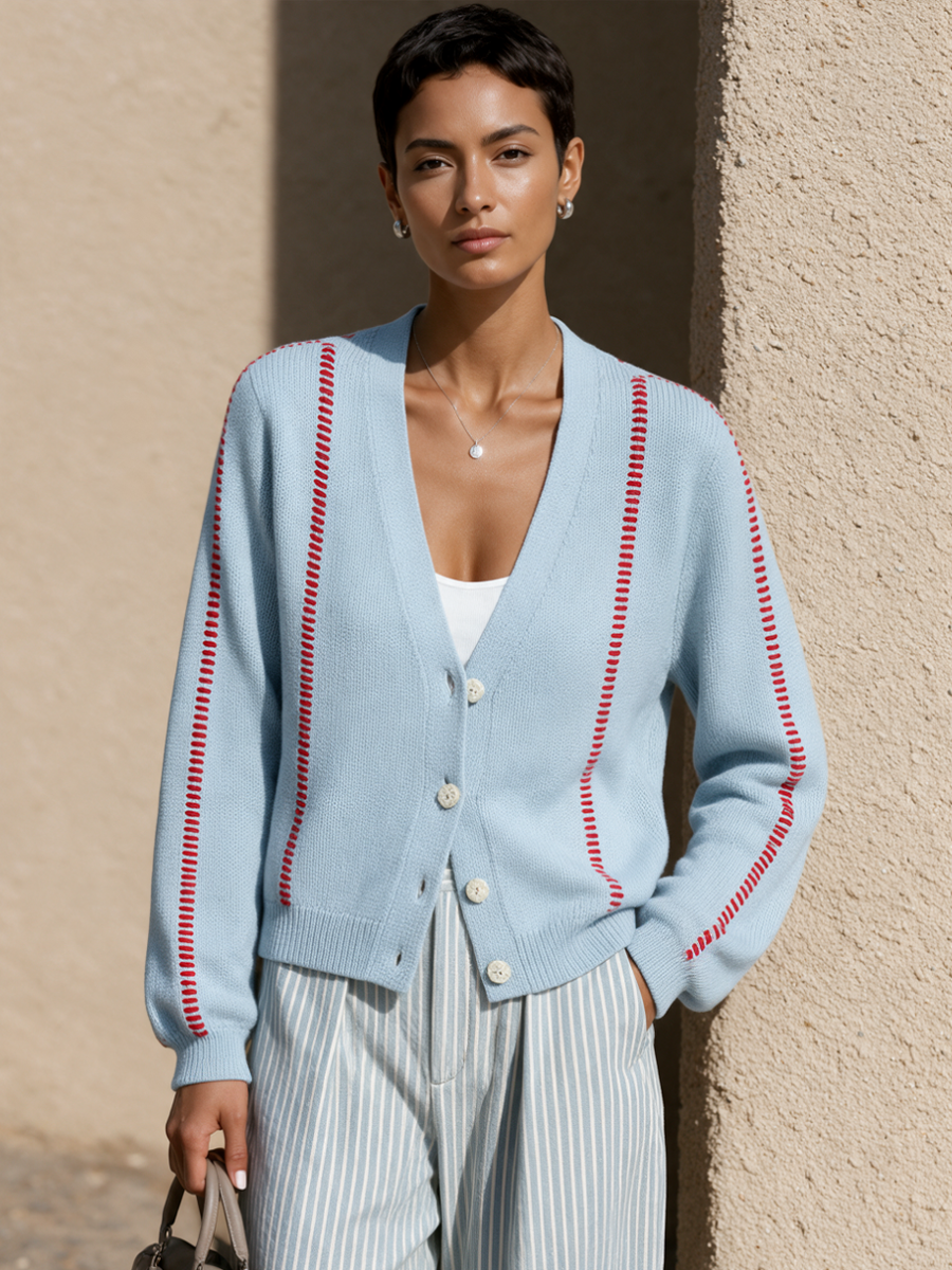 Cardigan Décontracté à Col V et Surjets Contrastés – Bleu