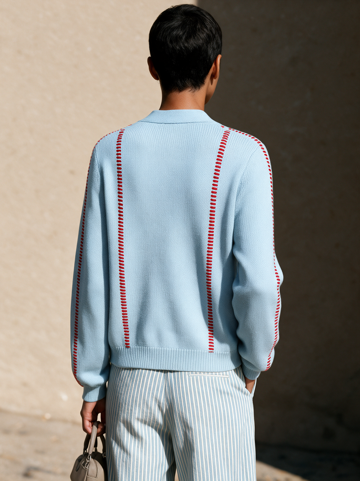 Cardigan Décontracté à Col V et Surjets Contrastés – Bleu