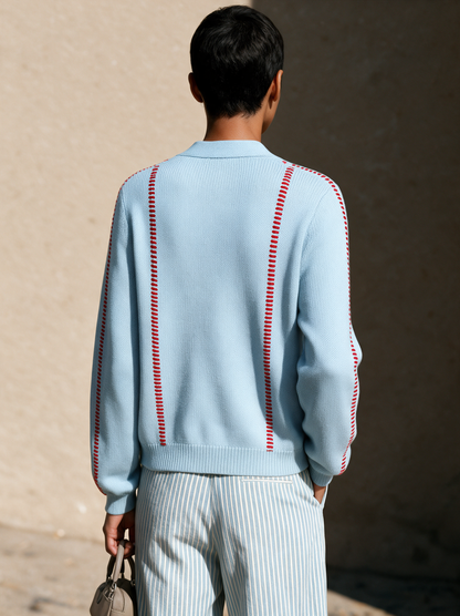 Cardigan Décontracté à Col V et Surjets Contrastés – Bleu