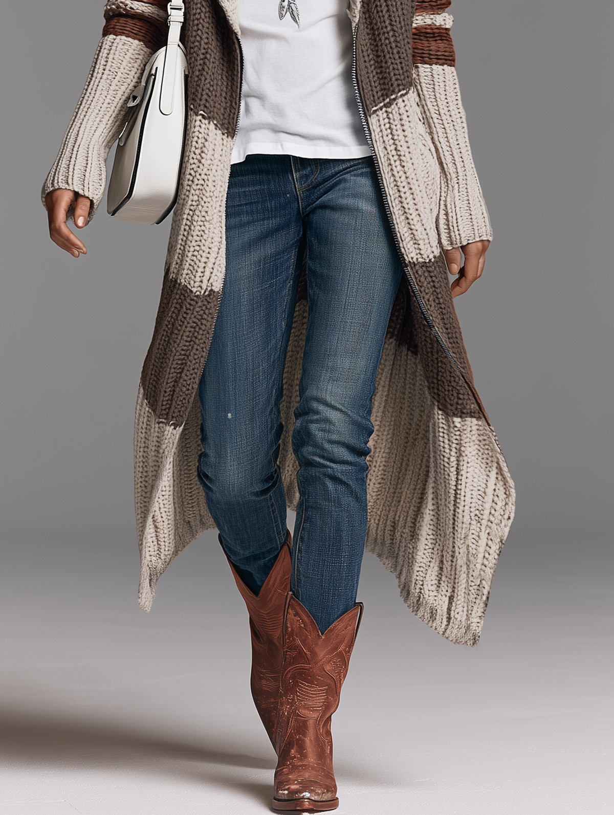 Cardigan Long Zippé Vintage à Col Châle – Beige