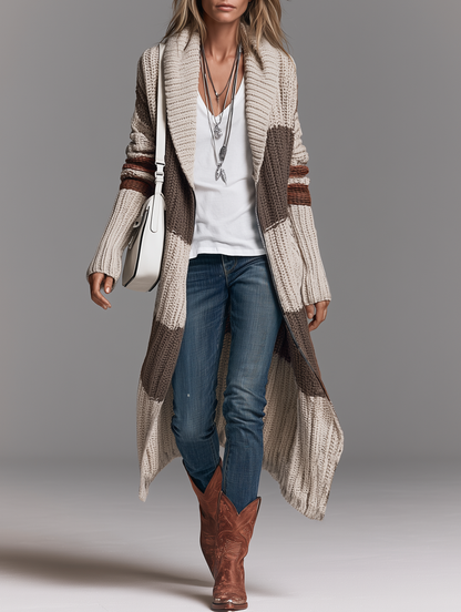 Cardigan Long Zippé Vintage à Col Châle – Beige