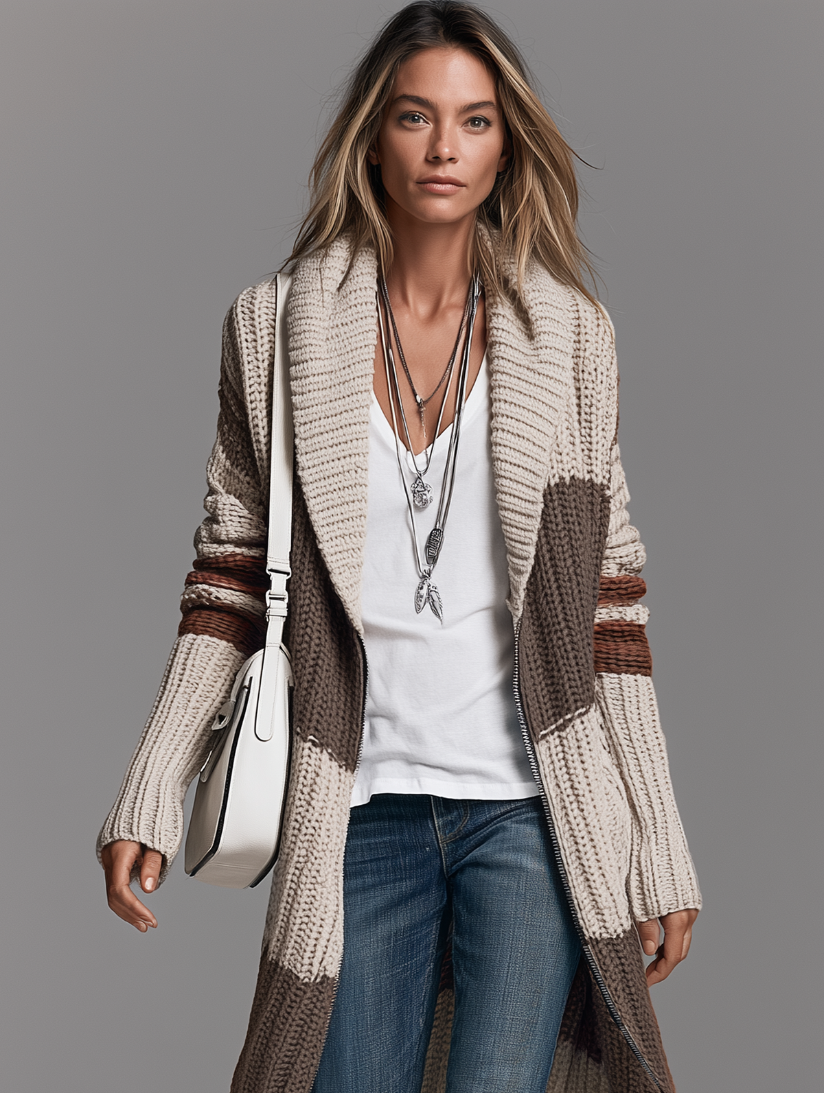 Cardigan Long Zippé Vintage à Col Châle – Beige