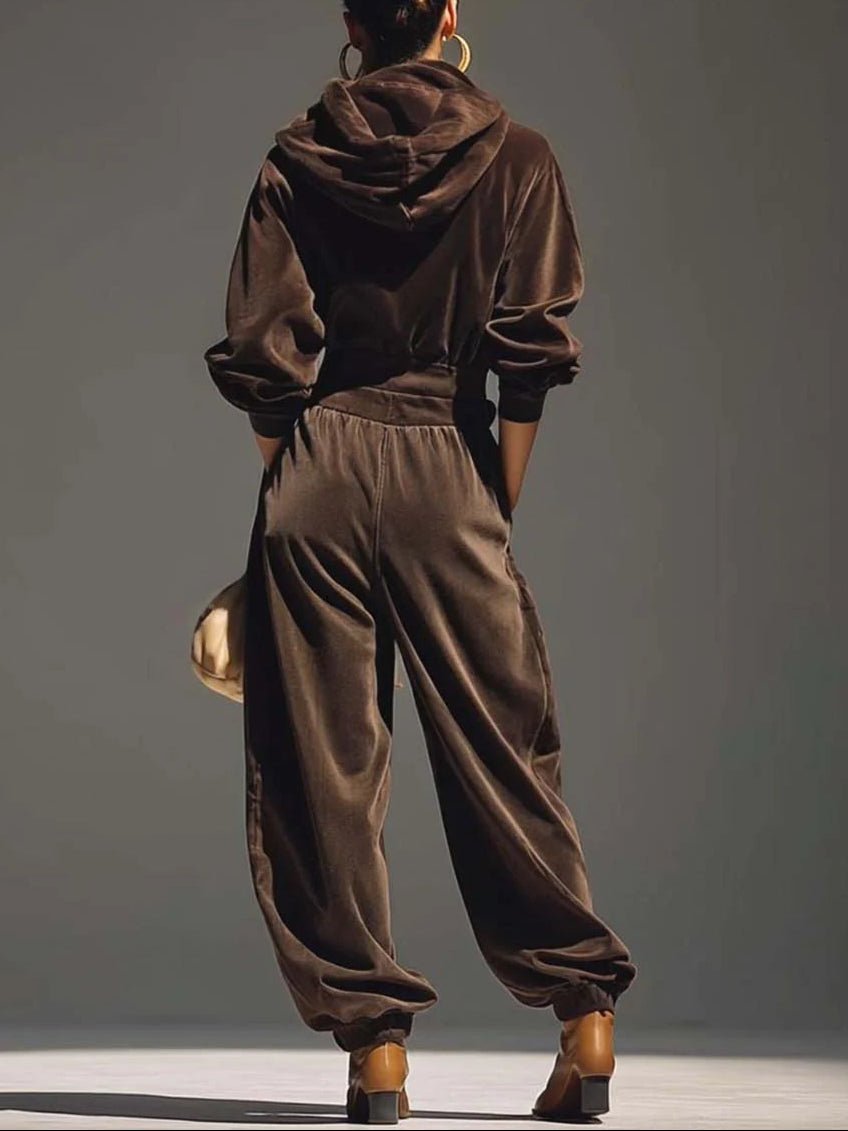 Fauvette | Ensemble Sweat à Capuche en Velours Marron Vintage et Pantalon Ample, Ceinture Incluse