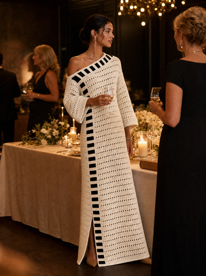 Robe Longue Bohème Ajourée Rayée en Maille à Épaules Dénudées – Ivoire