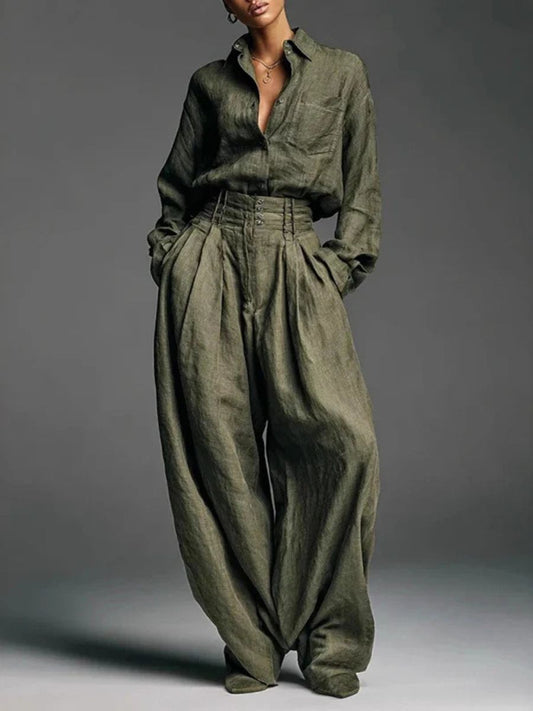 Pomeline | Ensemble Chemise Col Revers en Lin et Pantalon Taille Haute