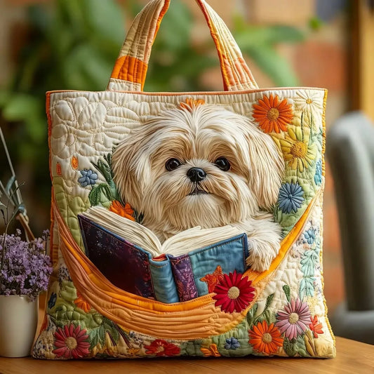 Sac Tote Matelassé – Shih Tzu, Livres et Fleurs