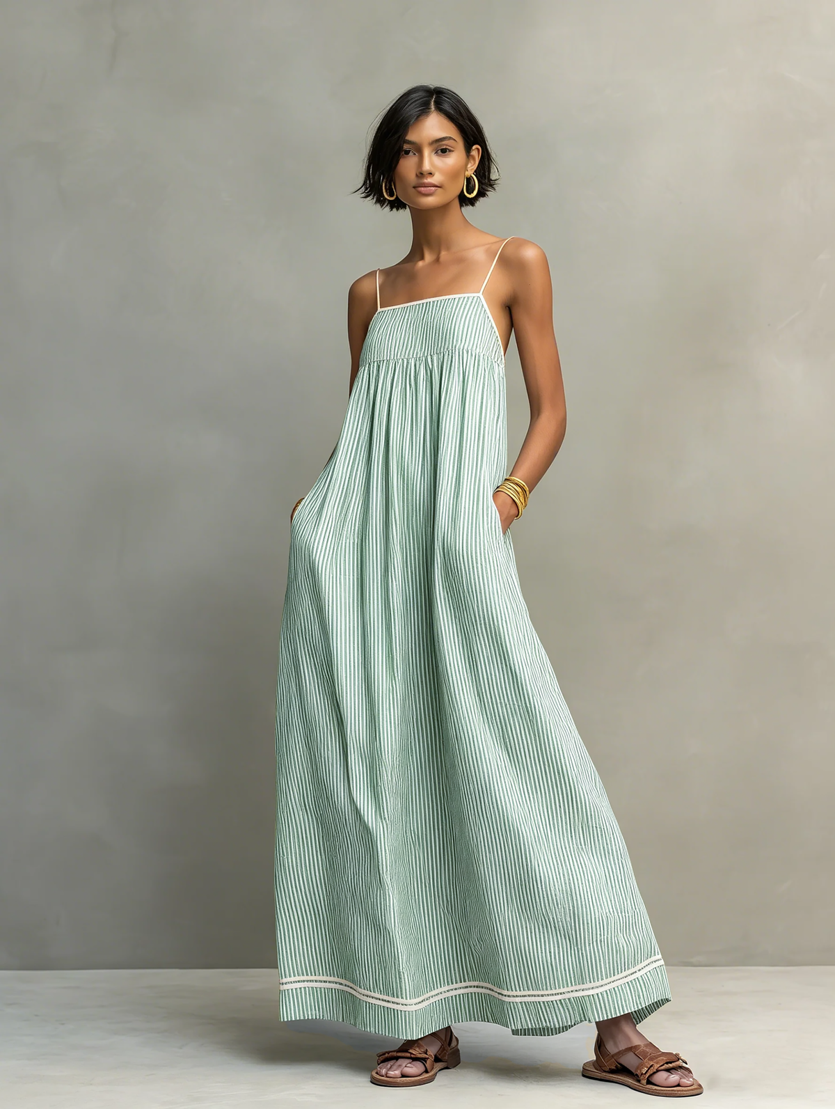 Aurore – robe longue rayée verte