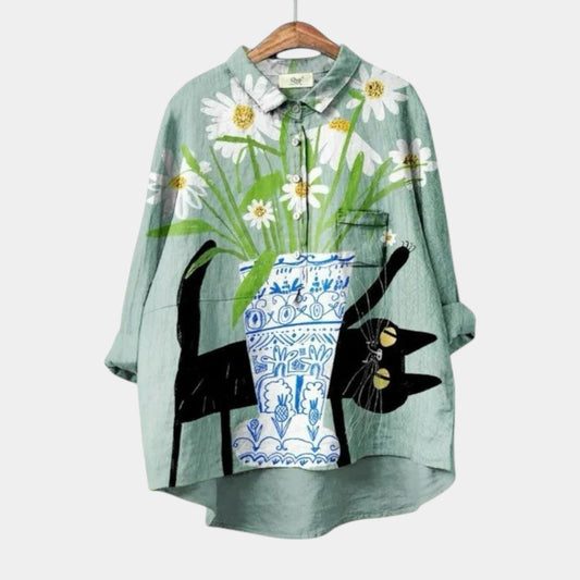 Léonarde | Blouse Imprimé Chat et Vase