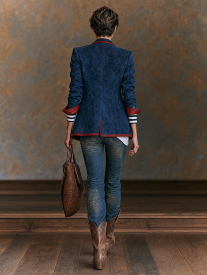 Blazer d'Inspiration Vintage en Suédine à Bordures en Similicuir Rouge – Vert Armée