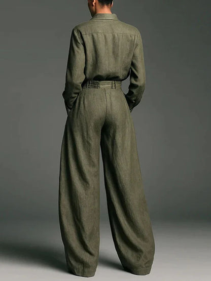 Pomeline | Ensemble Chemise Col Revers en Lin et Pantalon Taille Haute