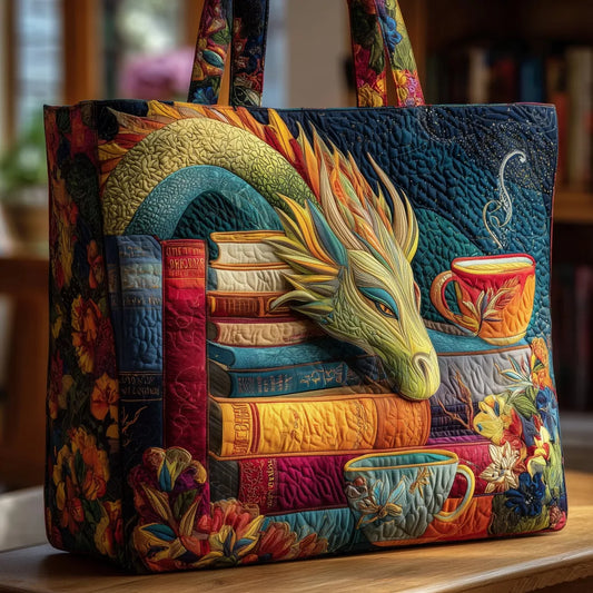 Sac Tote Matelassé – Dragon, Livres et Tasses à Thé