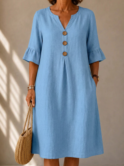 Lina | Robe Midi Évasée en Coton & Lin avec Poches
