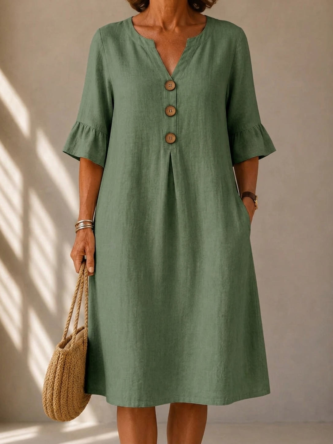 Lina | Robe Midi Évasée en Coton & Lin avec Poches